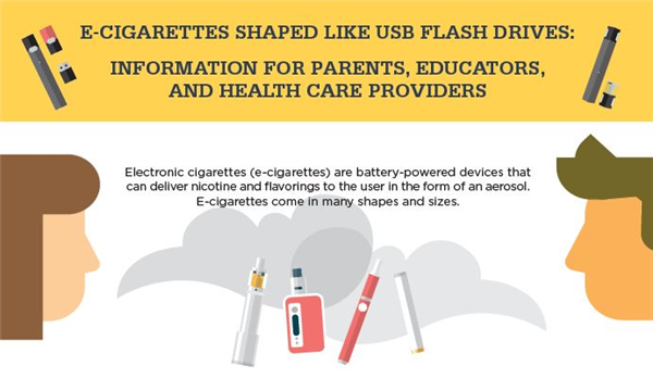 <p>CDC&rsquo;s Office on Smoking and Health created a new four-page fact sheet, formatted as an infographic, about USB-shaped e-cigarettes and youth. It provides public health messaging about the risks of the products and actions that parents, educators, and health care providers can take to protect kids.</p>
<p>Given widespread reports of a rapid rise in use of these products, we hope that this plain-language fact sheet will be a helpful resource for parents, teachers and doctors as they work to help prevent e-cigarette use by youth. &nbsp;&nbsp;</p>