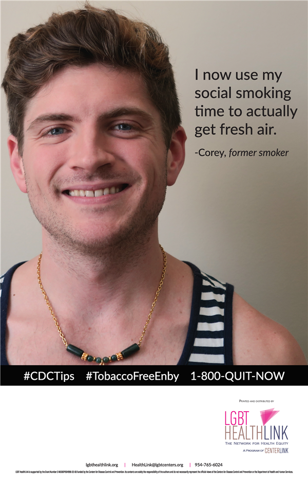 <p>"I now use my social smoking time to actually get fresh air." Corey, former smoker, #TobaccoFreeEnby #TobaccoFreeQueers</p>