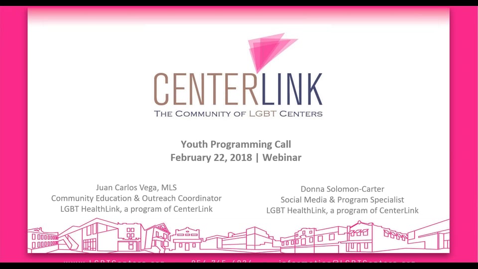 <p>LGBT HealthLink joined on CenterLink's quarterly call:</p>
<p>We'll do our usual check-in and share what's happening with youth programming at our centers. And, we'll get an update from our HealthLink program on items of interest for youth!</p>